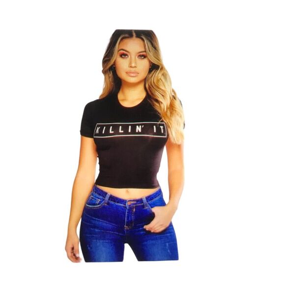 Fashion Nova Womens Top Size 3X Black Killin It Boxy Crop Tee Short Sleeve Sexy - Picture 1 of 9